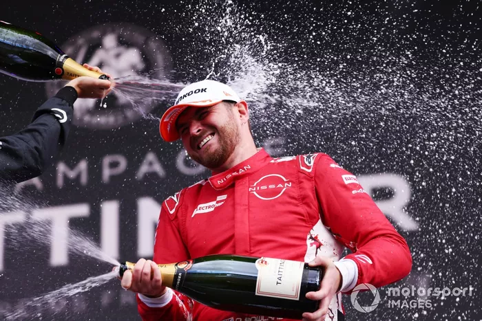 Race winner Oliver Rowland , Nissan Formula E Team celebrates on the podium