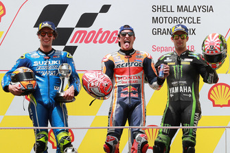 Podium : le vainqueur Marc Marquez, Repsol Honda Team, le deuxième, Alex Rins, Team Suzuki MotoGP, le troisième, Johann Zarco, Monster Yamaha Tech 3