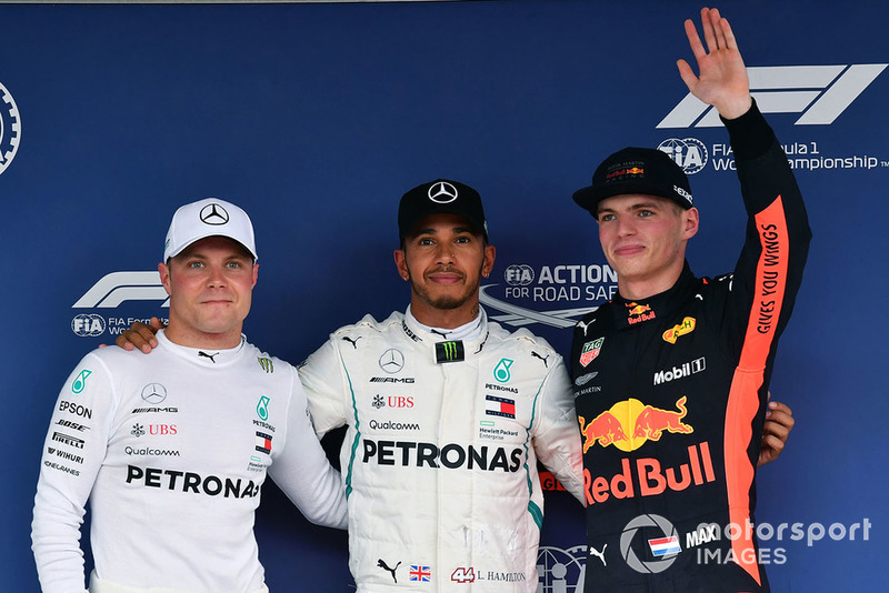 Valtteri Bottas, Mercedes AMG F1, Lewis Hamilton, Mercedes AMG F1 and Max Verstappen, Red Bull Racing celebrate in parc ferme