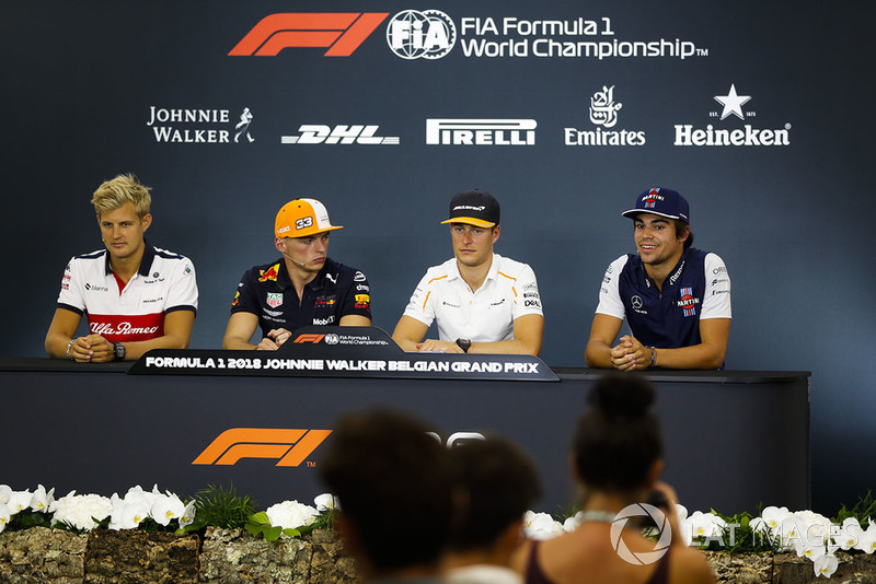 Marcus Ericsson, Sauber, Max Verstappen, Red Bull Racing, Stoffel Vandoorne, McLaren, et Lance Stroll, Williams Racing, en conférence de presse