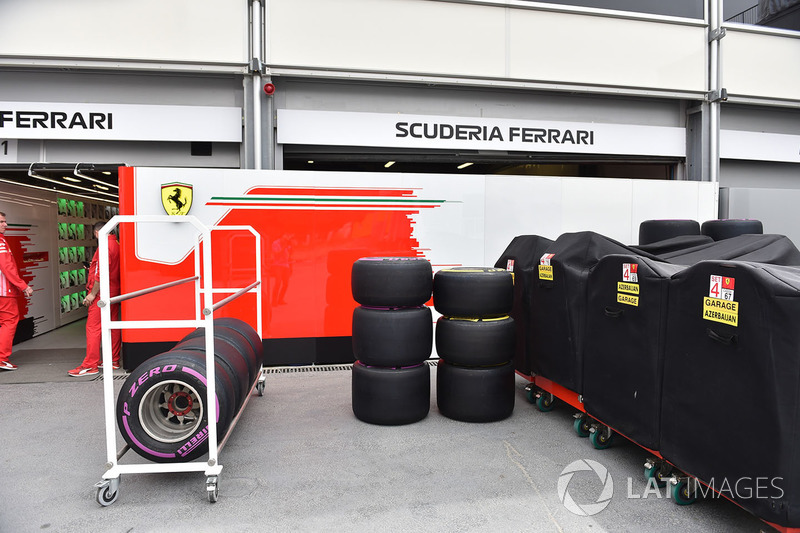 Ferrari garage and Pirelli tyres