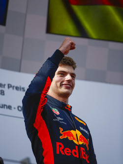 Max Verstappen, Red Bull Racing, 1st position, celebrates on the podium