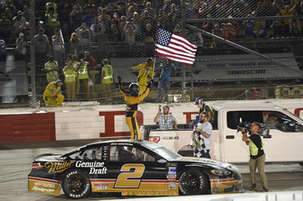 Brad Keselowski, Team Penske, Ford Fusion Miller Genuine Draft celebrates his win