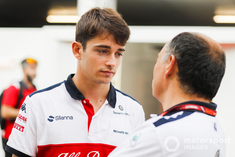 Charles Leclerc, Sauber, talks with Frederic Vasseur, Sauber, Team Principal