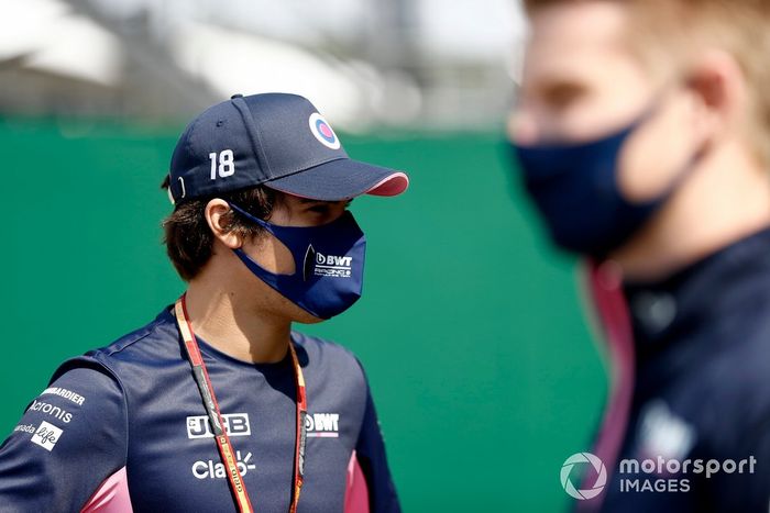 Lance Stroll, Racing Point y Nico Hulkenberg, Racing Point con los medios