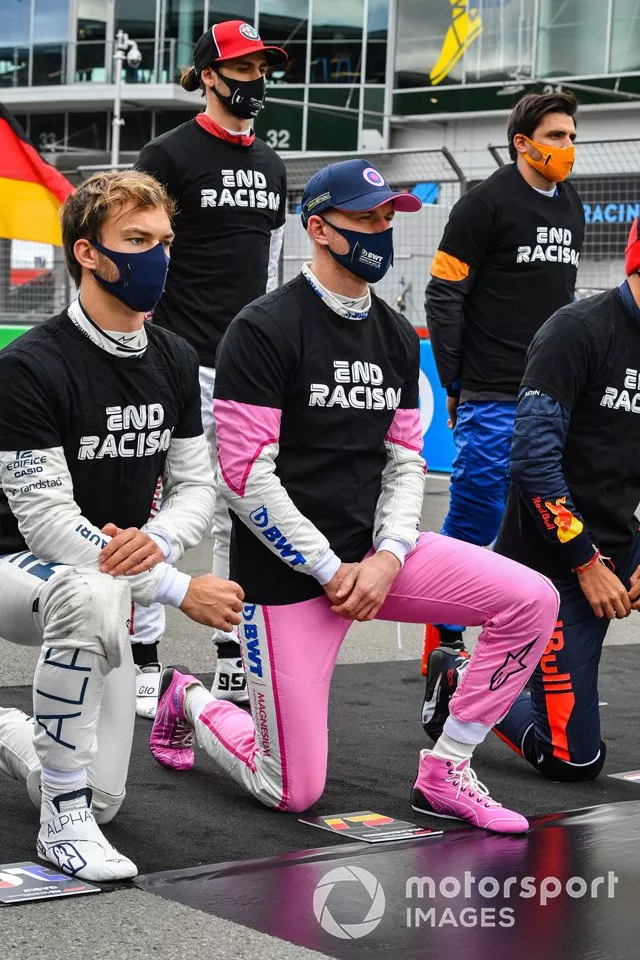 Pierre Gasly, AlphaTauri, Nico Hulkenberg, Racing Point, Antonio Giovinazzi, Alfa Romeo, Carlos Sainz Jr., McLaren, Alex Albon, Red Bull Racing, en apoyo de la campaña 
