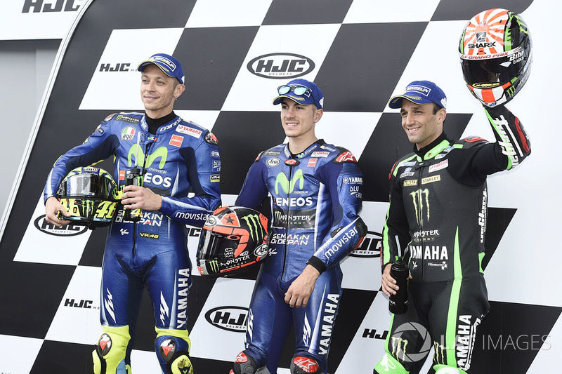 Qualifying top three: polesitter Maverick Viñales, Yamaha Factory Racing, second place Valentino Rossi, Yamaha Factory Racing, third place Johann Zarco, Monster Yamaha Tech 3