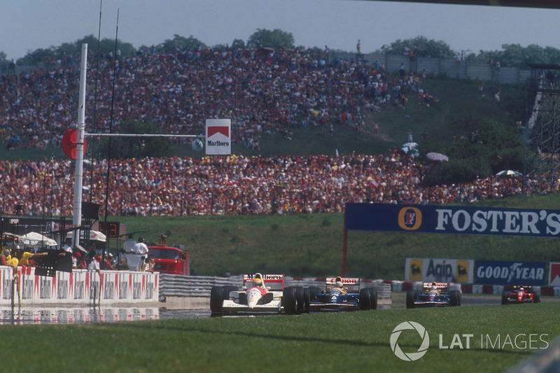 Ayrton Senna, McLaren MP4/6 Honda leads Nigel Mansell, Williams FW14 Renault, Riccardo Patrese, Williams FW14 Renault and Alain Prost, Ferrari 643