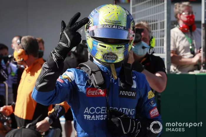 Lando Norris, McLaren MCL35, celebrates his podium finish