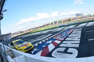 Ryan Blaney, Team Penske, Ford Fusion Menards/Pennzoil, celebrates after winning.