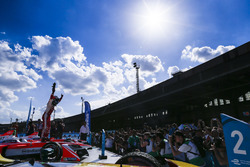 Felix Rosenqvist, Mahindra Racing, celebrates in Parc Ferme after winning the race