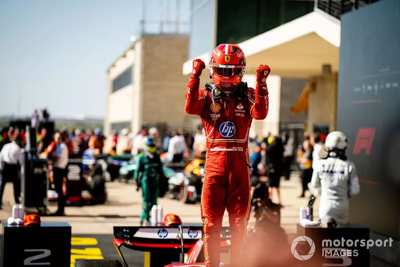 Charles Leclerc, Scuderia Ferrari, 1st position, celebrates in Parc Ferme 