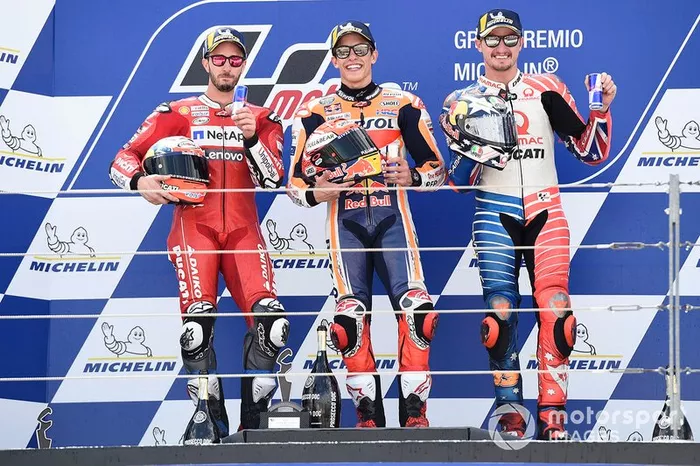 Podio: ganador de la carrera, Marc Márquez, Repsol Honda Team segundo lugar Andrea Dovizioso, Ducati Team, tercer lugar Jack Miller, Pramac Racing
