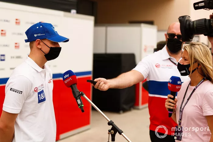Mick Schumacher, Haas F1, talks to the press 