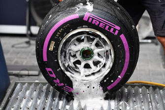 Red Bull Racing Pirelli tyre and wheel rim is washed