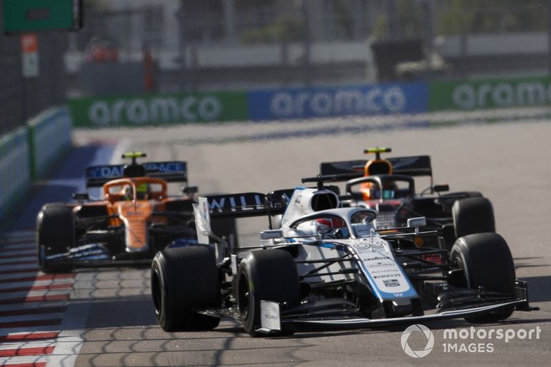 George Russell, Williams FW43, Alex Albon, Red Bull Racing RB16, Lando Norris, McLaren MCL35