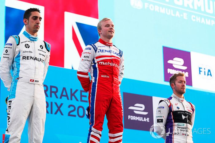  Podium: race winner Felix Rosenqvist, Mahindra Racing, second place Sébastien Buemi, Renault e.Dams, third place Sam Bird, DS Virgin Racing, celebrate on the podium
