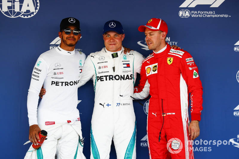 Sıralama turları ilk 3 üç, Lewis Hamilton, Mercedes AMG F1, Pole Valtteri Bottas, Mercedes AMG F1, and Sebastian Vettel, Ferrari