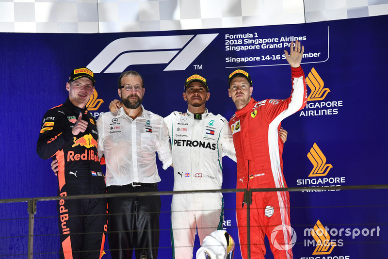 Max Verstappen, Red Bull Racing, Lewis Hamilton, Mercedes AMG F1 y Sebastian Vettel, Ferrari celebran