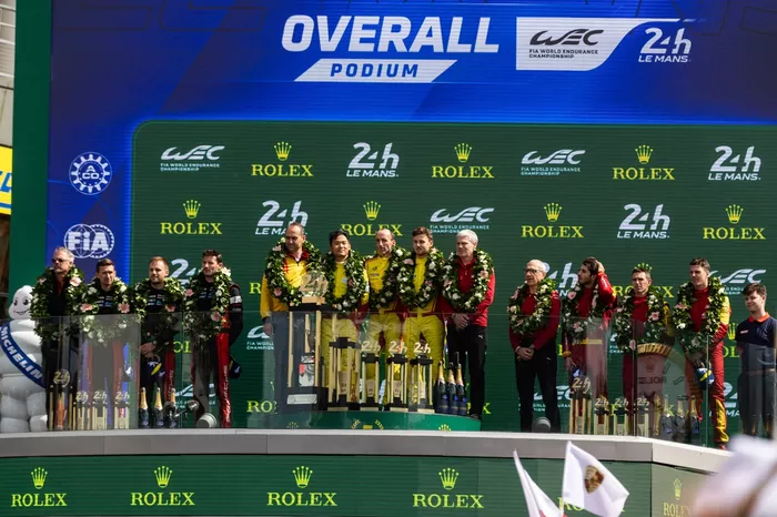  Podium: Race winner #83 AF Corse Ferrari 499P: Robert Kubica, Yifei Ye, Philip Hanson, second place #6 Porsche Penske Motorsport Porsche 963: Kevin Estre, Laurens Vanthoor, Matt Campbell, third place #51 Ferrari AF Corse Ferrari 499P: Alessandro Pier Gui