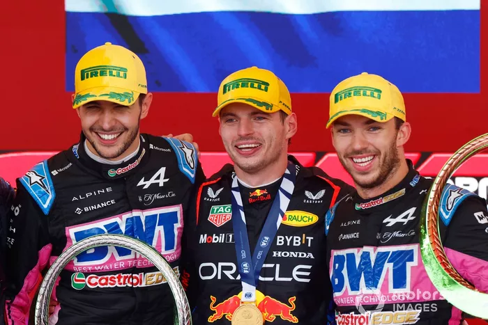 Max Verstappen, Red Bull Racing, 1st position, Esteban Ocon, Alpine F1 Team, 2nd position, Pierre Gasly, Alpine F1 Team, 3rd position, on the podium 