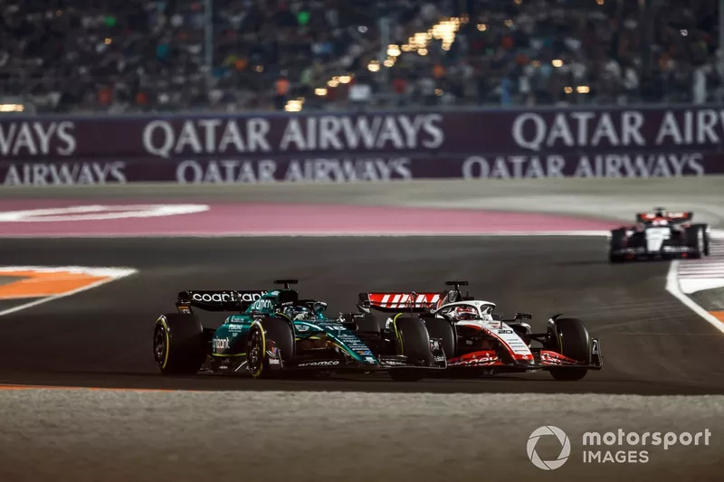 Kevin Magnussen, Haas VF-23, lotta con Lance Stroll, Aston Martin AMR23