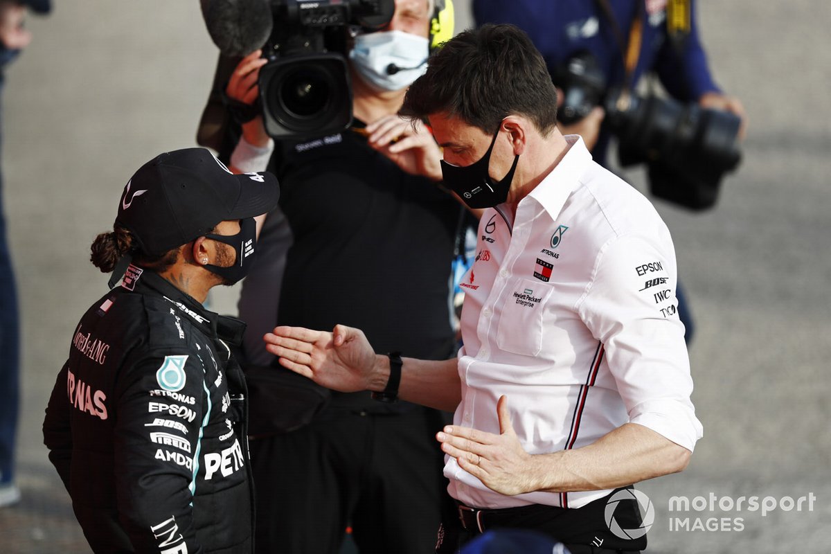 Lewis Hamilton, Mercedes-AMG F1,, 1st position, and Toto Wolff, Executive Director (Business), Mercedes AMG, talk in Parc Ferme