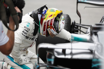 Lewis Hamilton, Mercedes AMG F1, 1st position, celebrates on arrival in Parc Ferme