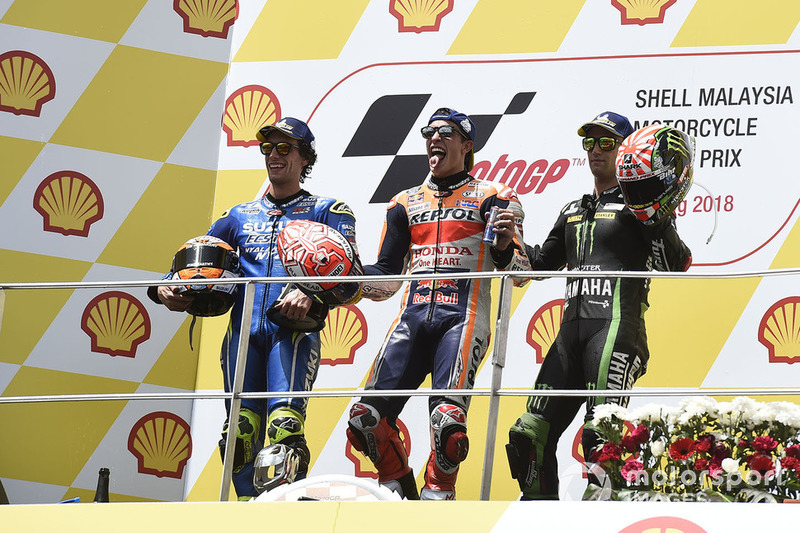 Podio: il vincitore della gara Marc Marquez, Repsol Honda Team, il secondo classificato Alex Rins, Team Suzuki MotoGP, il terzo classificato Johann Zarco, Monster Yamaha Tech 3