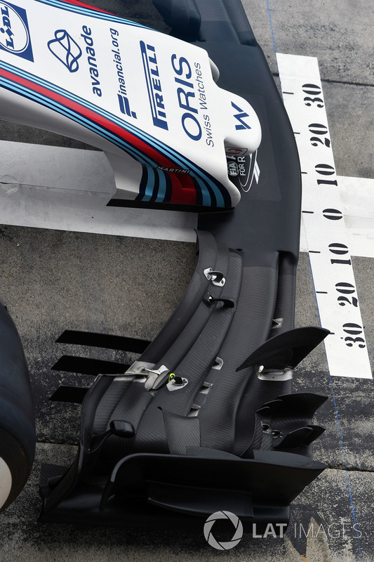The nose and front wing aero detail of the Williams FW40