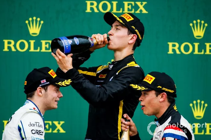 Race winner Jack Aitken, Campos Racing, Louis Deletraz, Carlin and Nyck De Vries, ART Grand Prix celebrate on the podium with the champagne
