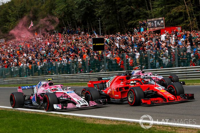 Esteban Ocon, Racing Point Force India VJM11, Sebastian Vettel, Ferrari SF71H, Lewis Hamilton, Mercedes AMG F1 W09 y Sergio Perez, Racing Point Force India VJM11 