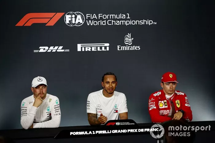 Valtteri Bottas, Mercedes AMG F1, Lewis Hamilton, Mercedes AMG F1, and Charles Leclerc, Ferrari, in the post Qualifying Press Conference