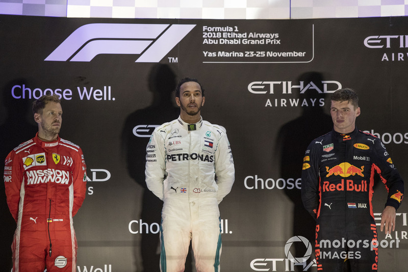 Sebastian Vettel, Ferrari, Lewis Hamilton, Mercedes AMG F1 and Max Verstappen, Red Bull Racing celebrate on the podium
