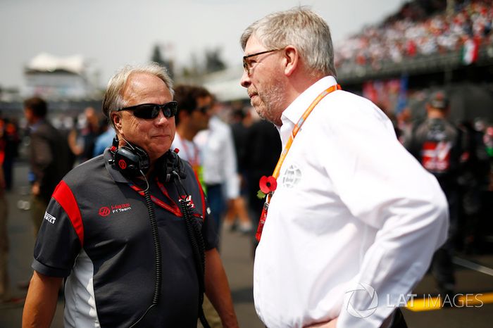 Gene Haas, Team Owner, Haas F1 Team, with Ross Brawn, Managing Director of Motorsports, FOM