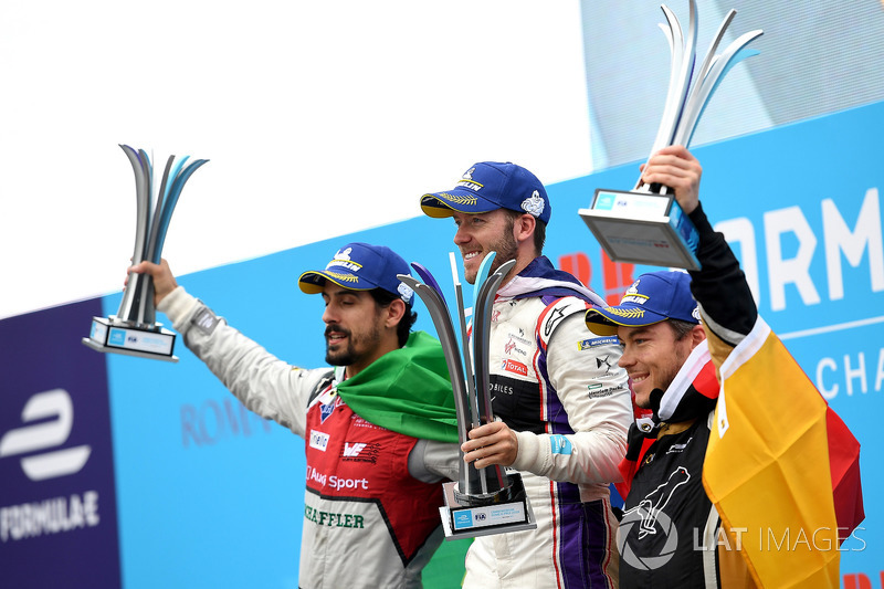 Sam Bird, DS Virgin Racing, wins the Rome ePrix, with Lucas di Grassi, Audi Sport ABT Schaeffler, in 2nd, Andre Lotterer, Techeetah in 3rd