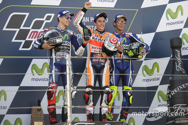 Podium: race winner Marc Marquez, Repsol Honda Team, second place Jorge Lorenzo, Yamaha Factory Raci