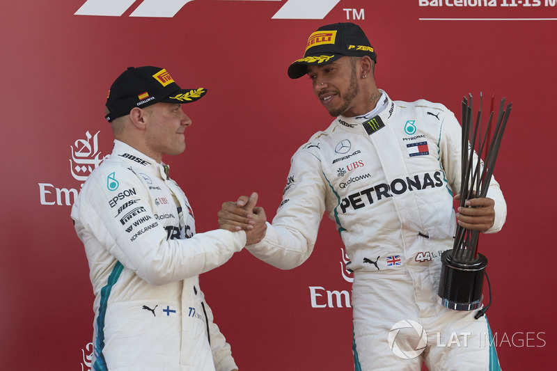 Valtteri Bottas, Mercedes AMG F1, 2nd position, Lewis Hamilton, Mercedes AMG F1, 1st position, on the podium