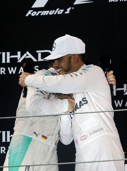 The podium: second place Nico Rosberg, Mercedes AMG F1 celebrates his World Championship with race w