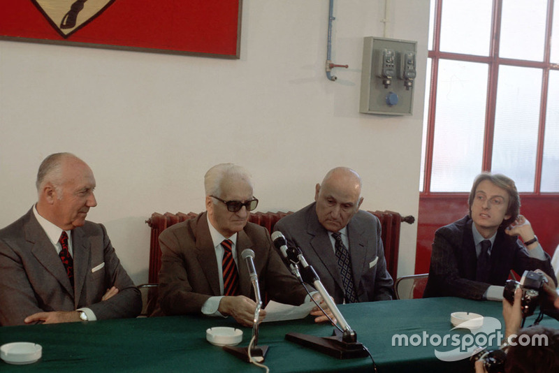 Fiorano 1975, Enzo Ferrari, Pietro Barilla duriante la presentazione della Ferrari 312 T2