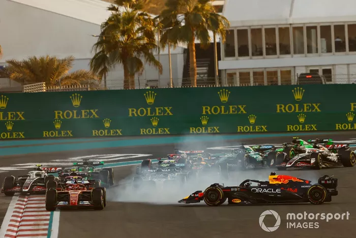 Max Verstappen, Red Bull Racing, spins on track after a collision with Oscar Piastri, McLaren MCL38 (not pictured)