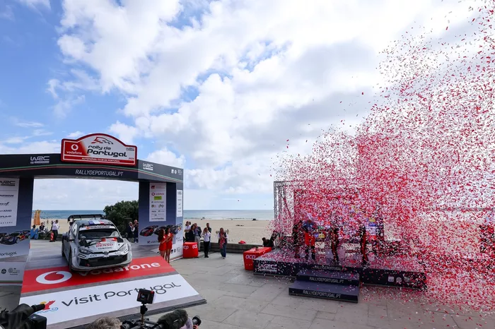 Podium: Winners Sébastien Ogier, Vincent Landais, Toyota Gazoo Racing WRT Toyota GR Yaris Rally1, second place Ott Tänak, Martin Järveoja, Hyundai World Rally Team Hyundai i20 N Rally1, third place Kalle Rovanperä, Jonne Halttunen, Toyota Gazoo Racing WRT