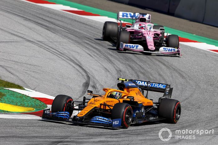 Lando Norris, McLaren MCL35, Sergio Pérez, Racing Point RP20 