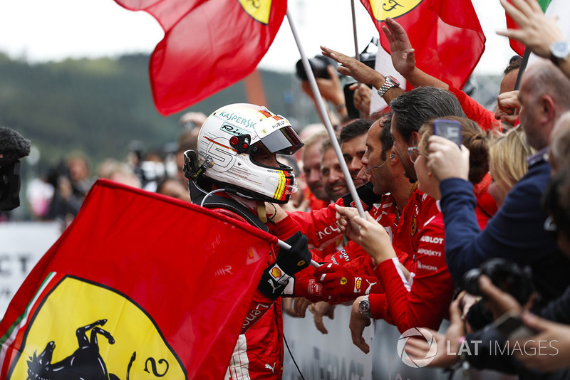 Sebastian Vettel, Ferrari, celebrates victory in parc ferme