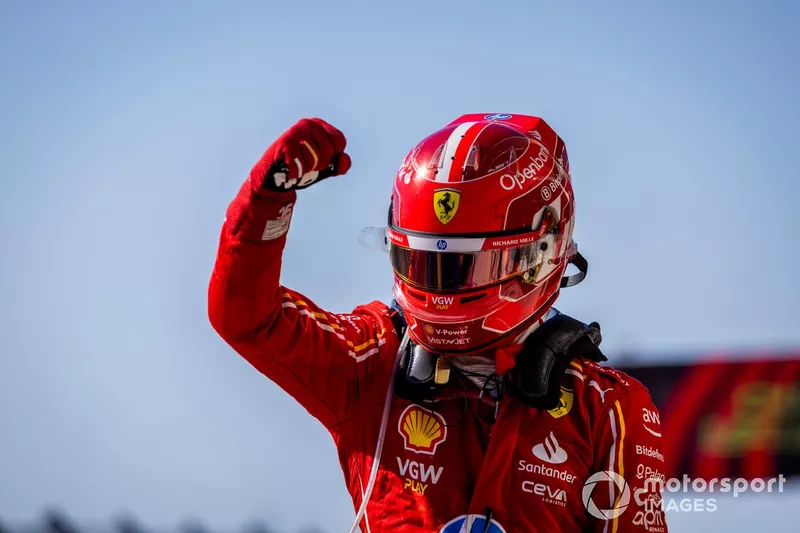 Charles Leclerc, Scuderia Ferrari, 1st position, celebrates on arrival in Parc Ferme