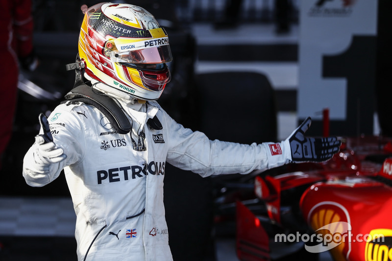 Lewis Hamilton, Mercedes AMG, 2nd Position, celebrates in Parc Ferme