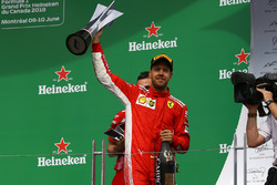 Sebastian Vettel, Ferrari celebrates on the podium with the trophy