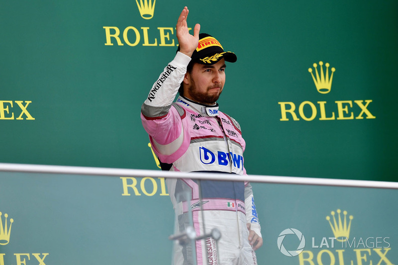 Sergio Perez, Force India celebrando su podio en Bakú