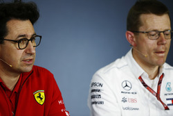 Mattia Binotto, Ferrari Chief Technical Officer, alongside Andy Cowell, Managing Director, HPP, Mercedes AMG, in the Friday team principals' press conference