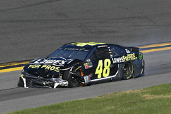Jimmie Johnson, Hendrick Motorsports Chevrolet Camaro shows damage after a crash